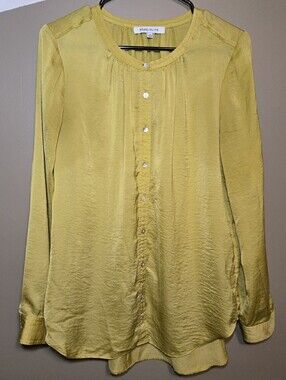 Rose+Olive Women's Chartreuse Blouse Yellow Button Front Subtle Shimmer Medium